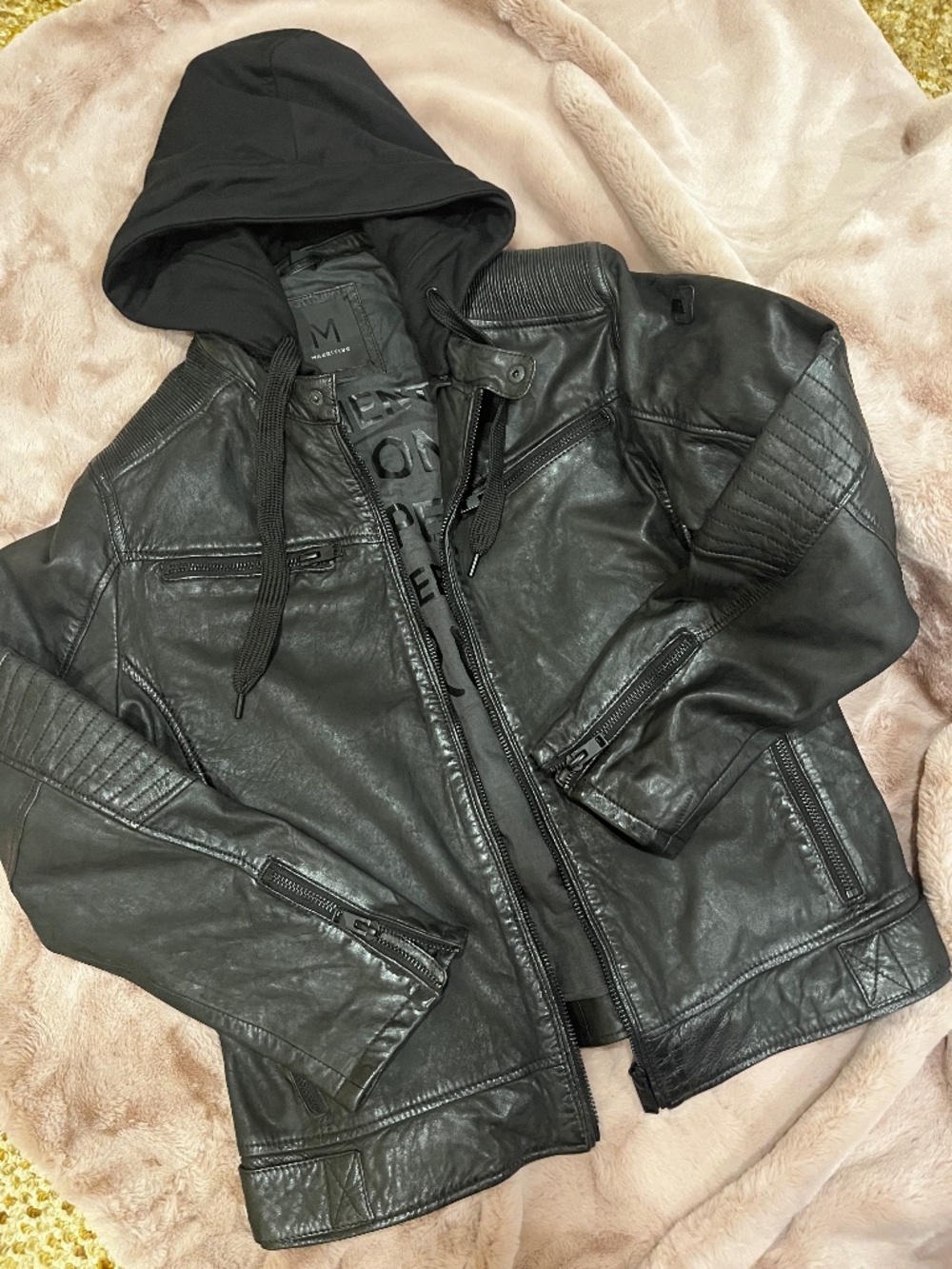 Mens black leather moto jacket with detachable hood